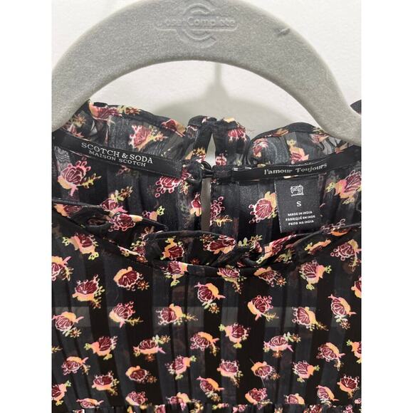 SCOTCH & SODA Floaty Ruffled Black Long Sleeve Floral Top Sz S - Picture 4 of 9